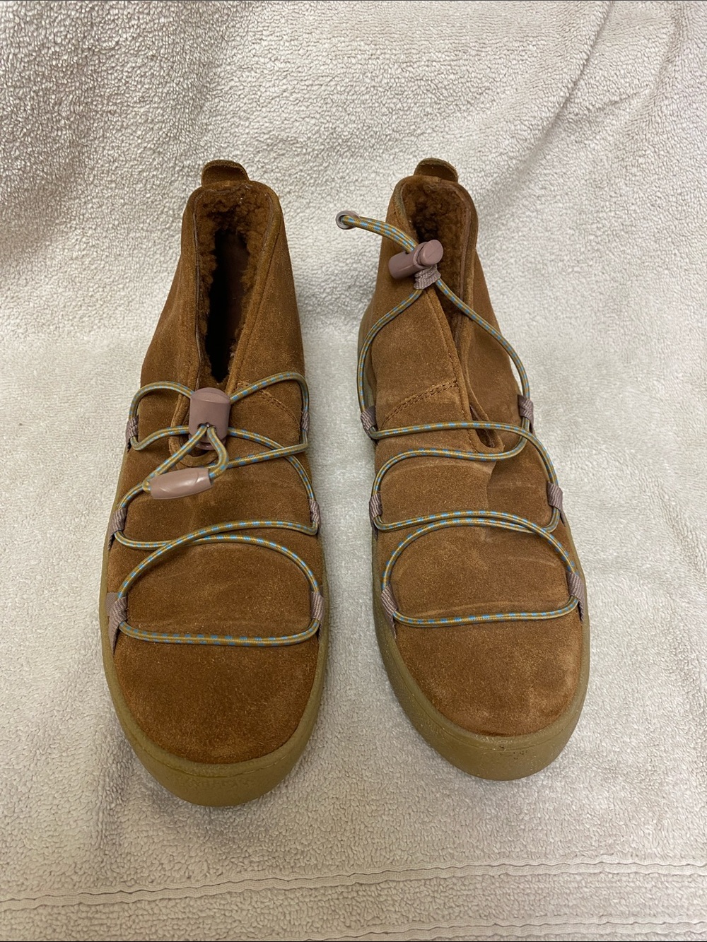 Free People Snowdrop Micro Shearling Boots in Burnt Caramel Suede